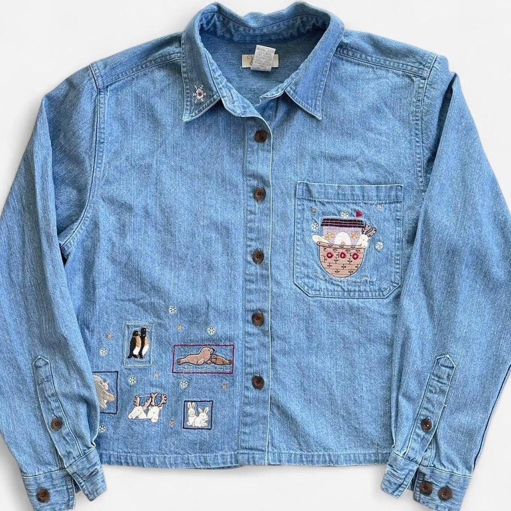 Vintage Christopher & Banks Denim Embroidered Noah’s Ark Animals Shirt Jacket M